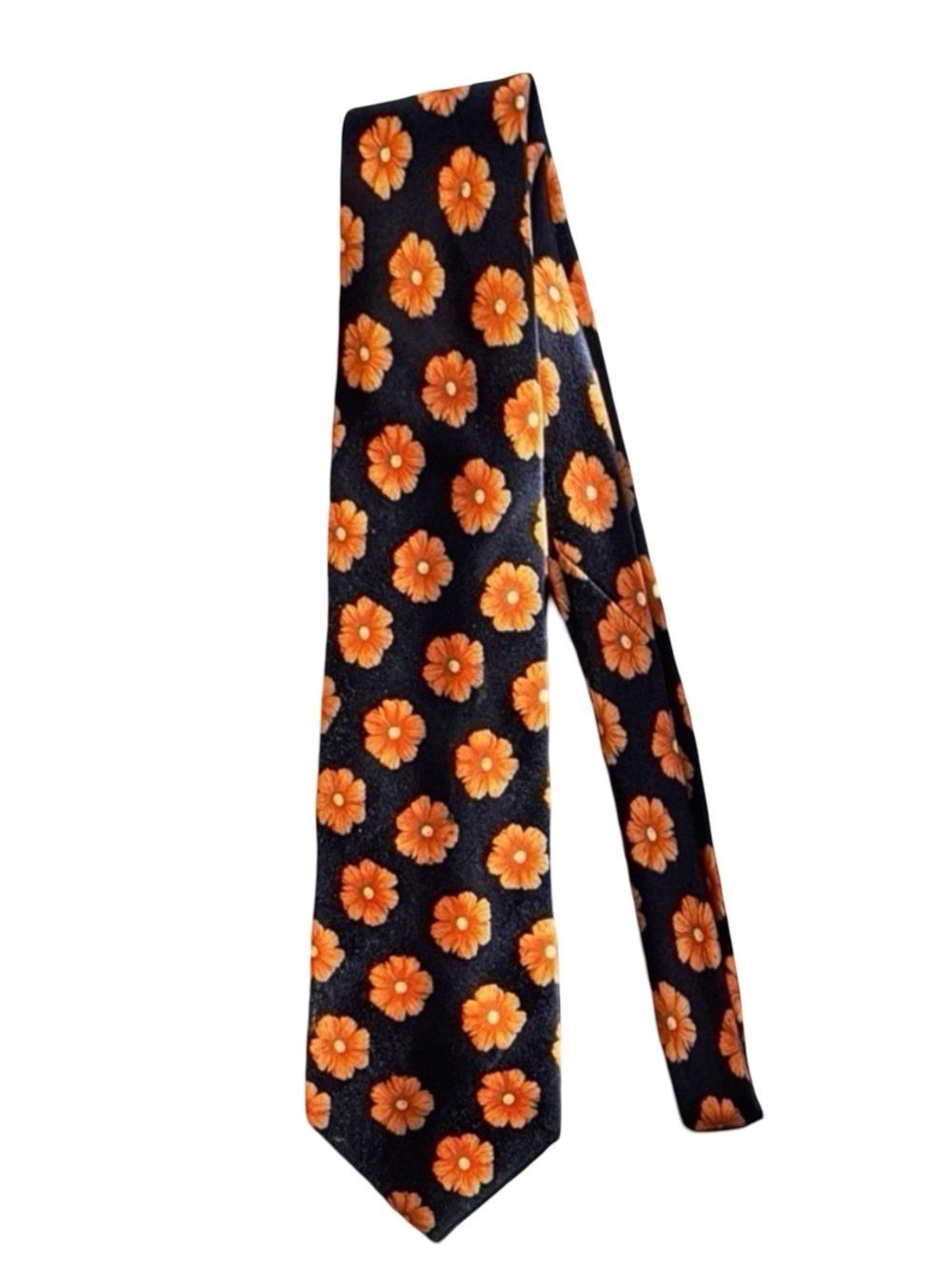Bijan Black Silk Floral Tie - Orange Daisy Print | Statement Luxury Neckwear